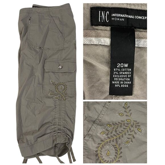 INC Womens Cargo Pants Size 20W Embroidery Utility GORP Coastal Ruched Cropped - Picture 1 of 10